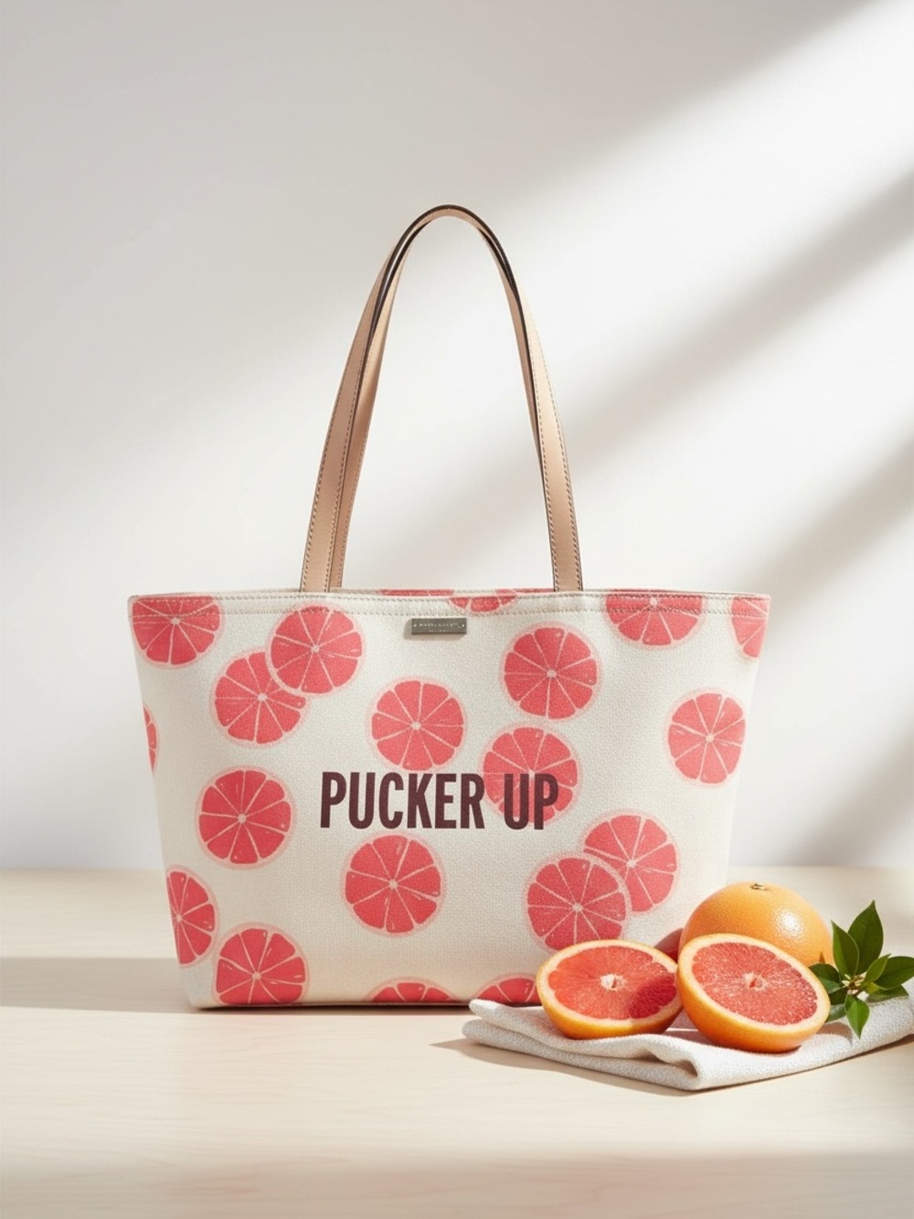 🍊 Kate Spade Pucker Up Grapefruit Tote Citrus Print Canvas Leather Zip Bag